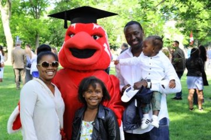 Mascot with Guests at Commencement