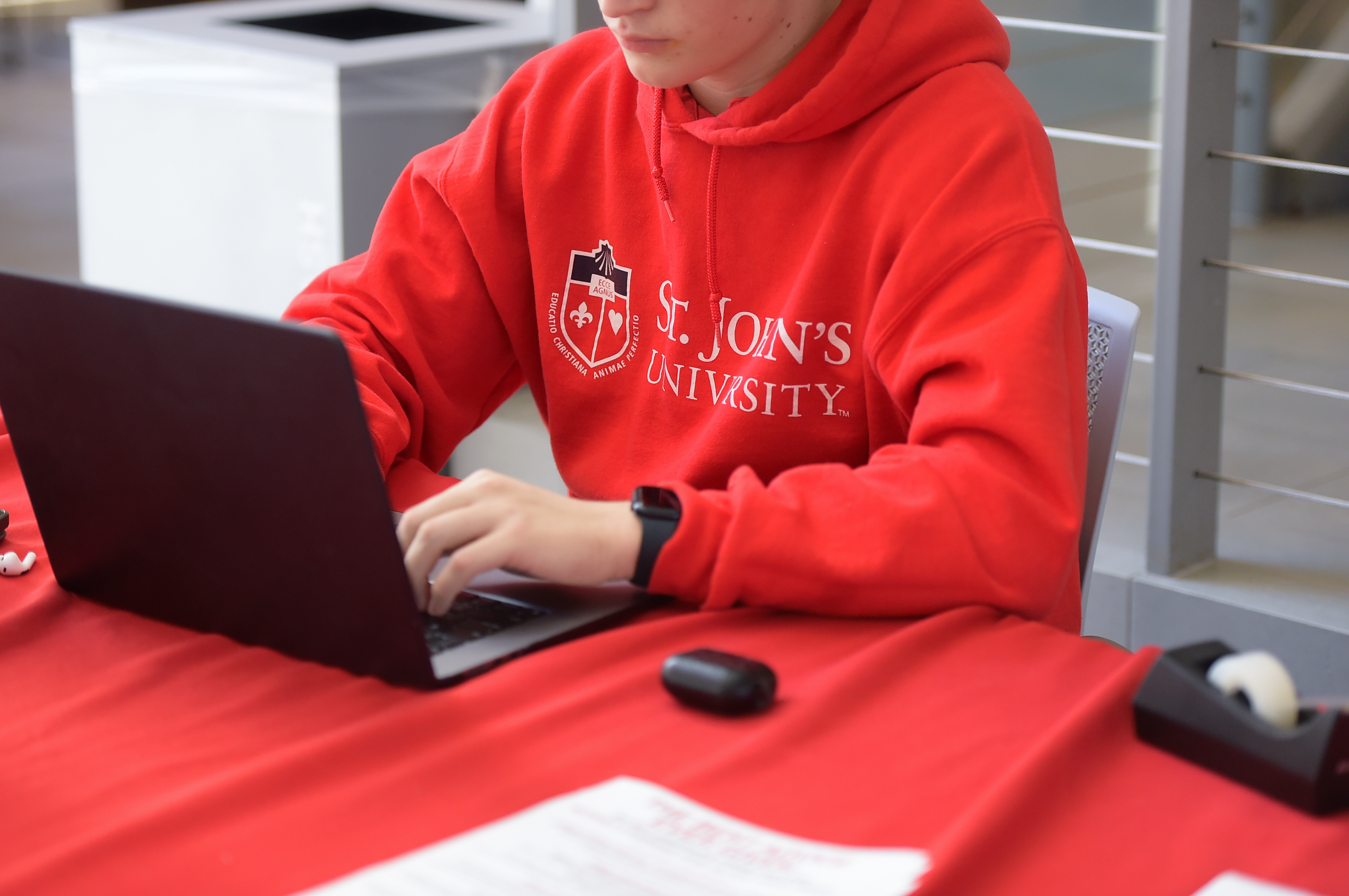 St. John's University student working on a labtop 