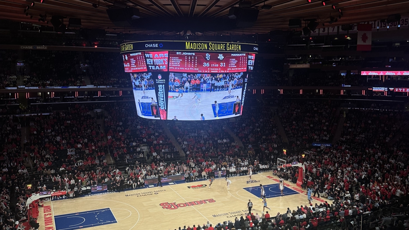 View of the basketball court at Madison Square Garden in New York City