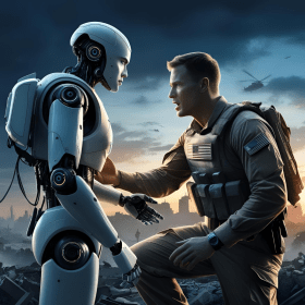 A.I. robot and soldier talking to eachother