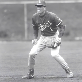 black and white photo of Rich Aurilia playing baseball in St. John's uniform