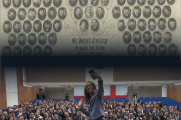 A collage of headshots of the first graduating class and Dean Jefferson Exum taking a photo with an incoming 1L class.