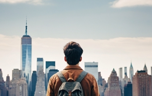 student looking across river to lower manhattan