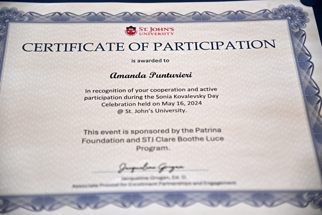 Sonia Kovalensky Day Certificate of Participation