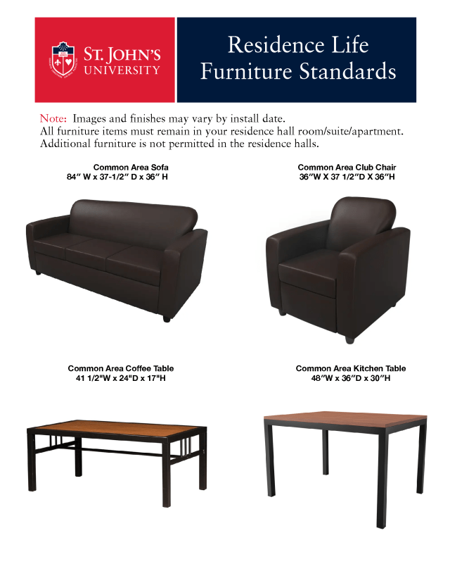 An image showing the standards for Res Life furniture.