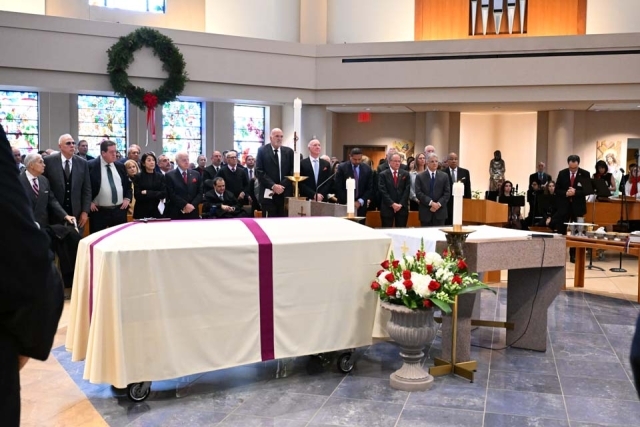 Lou Carnesecca's casket in St. Thomas More Church during mass of christian burial