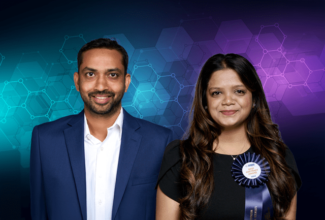 Akanksha Patel and Henis J. Patel headshots against teal and purple graphic background