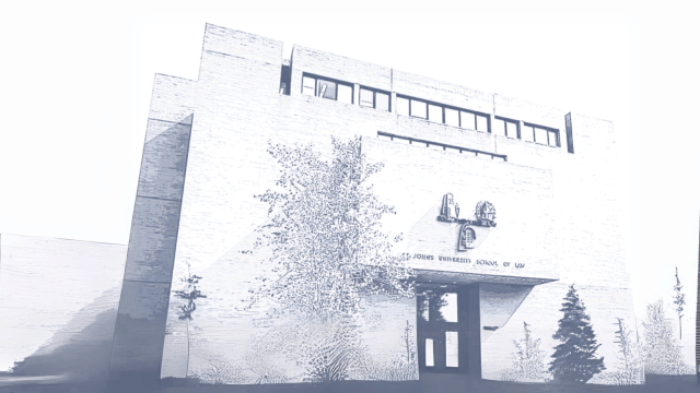 A blue outline of the Law School.
