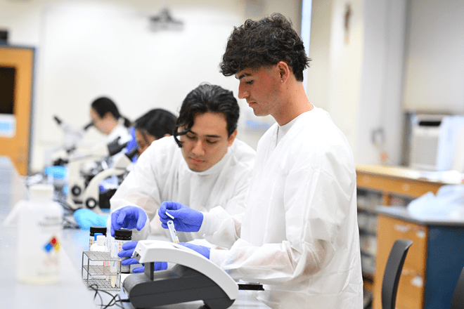 Life sciences student wearing laboratory protective equipment uses a microscope during a hands-on laboratory class