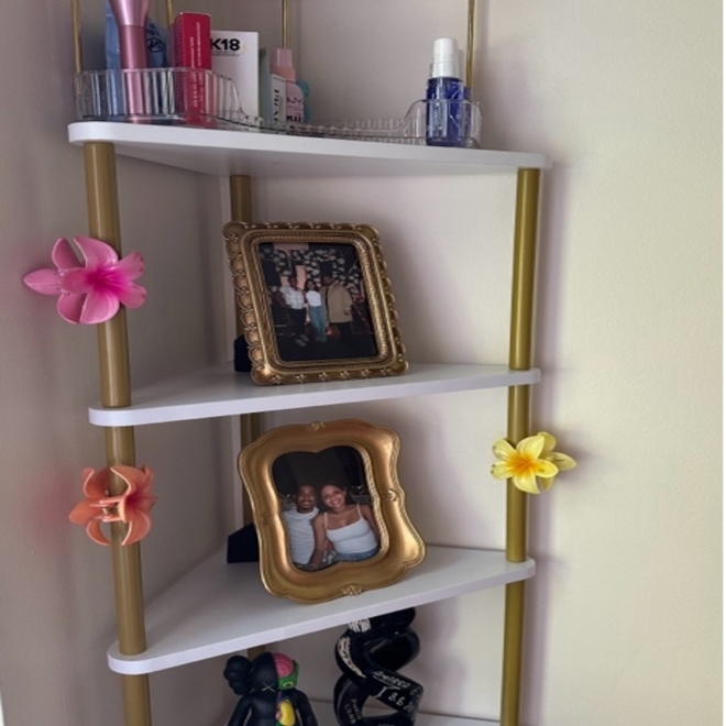 College room decor featuring a shelf with pictures 