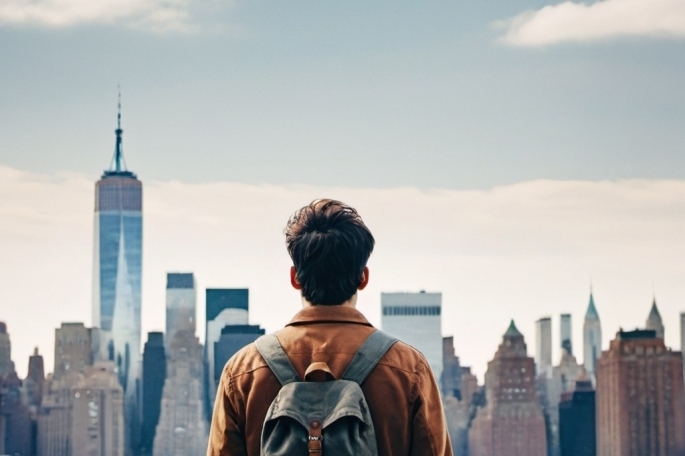student looking across river to lower manhattan