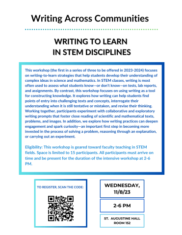 Writing to Learn in STEM Disciplines faculty workshop flyer