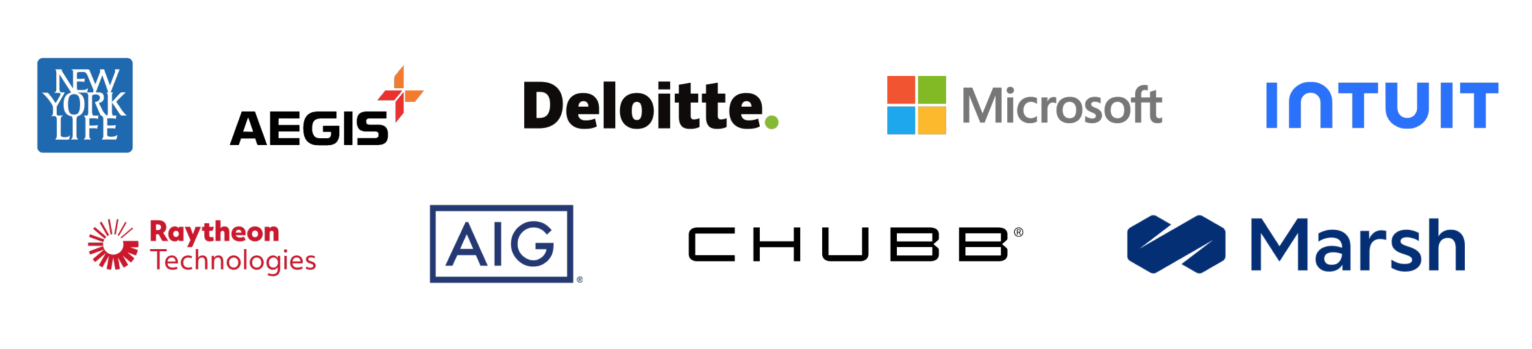 Logos from GSRM recent graduates companies including New York Life, AIG, Aegis, Deloitte, Microsoft, Intuit, Raytheon Technologies, Chubb, Marsh