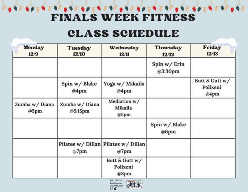 A chart showing the schedule of fitness classes.